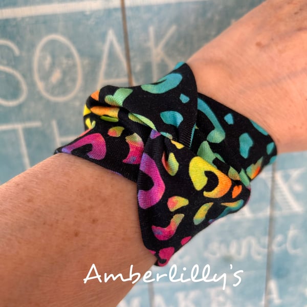 Wide cuff bracelet in leopard print design repurposed 