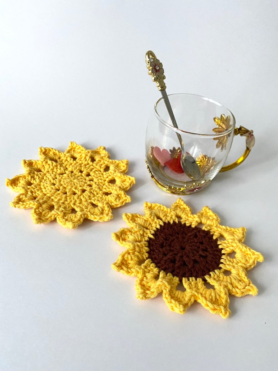 Pretty Sunflower Coasters, Floral Indoor Outdoor Crochet Coaster Gift Idea