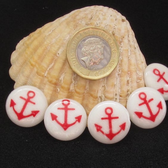 Vintage Buttons, Red Anchor on White Bed, 5x 19mm