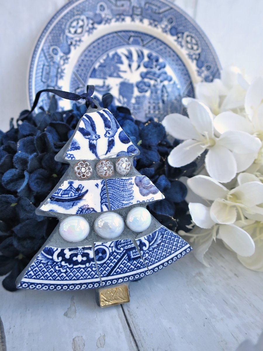  Mosaic Tree Ornament, Willow Pattern Decoration, Vintage China Gift