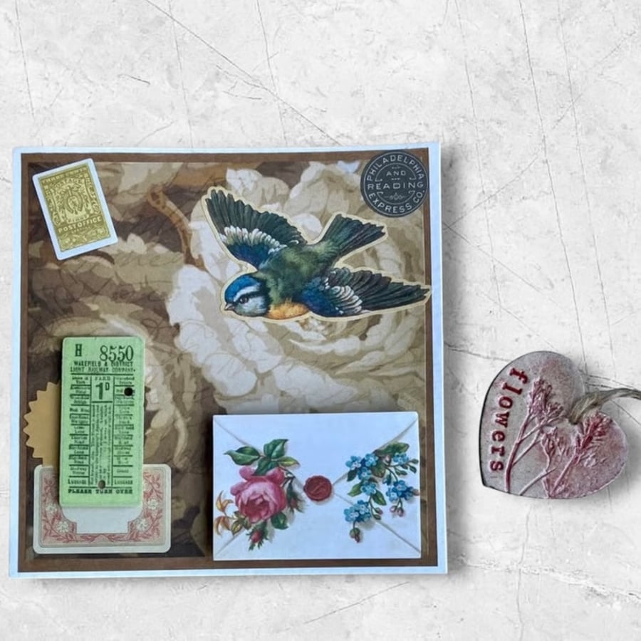 Blank Card. Vintage style card with ceramic heart keepsake.