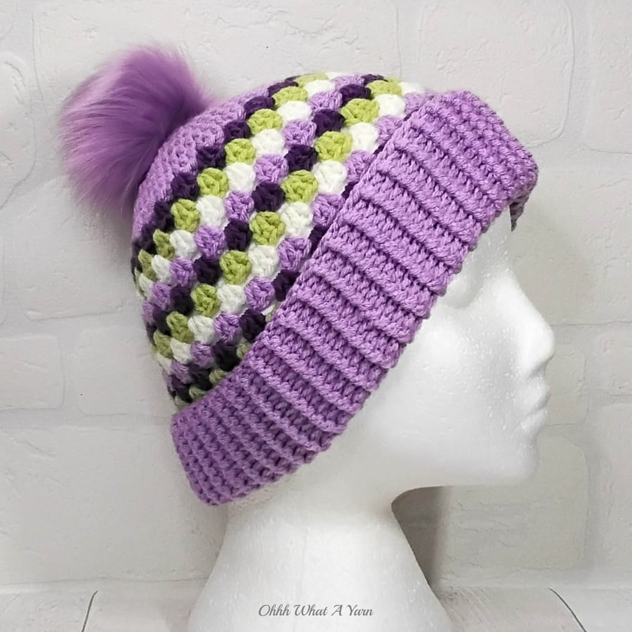 Crochet hat, beanie. Lilac, purple, green and white granny stitch pom pom hat.