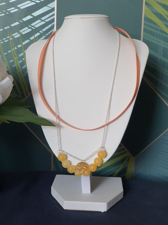 Yellow jade layered faux ribbon necklace 
