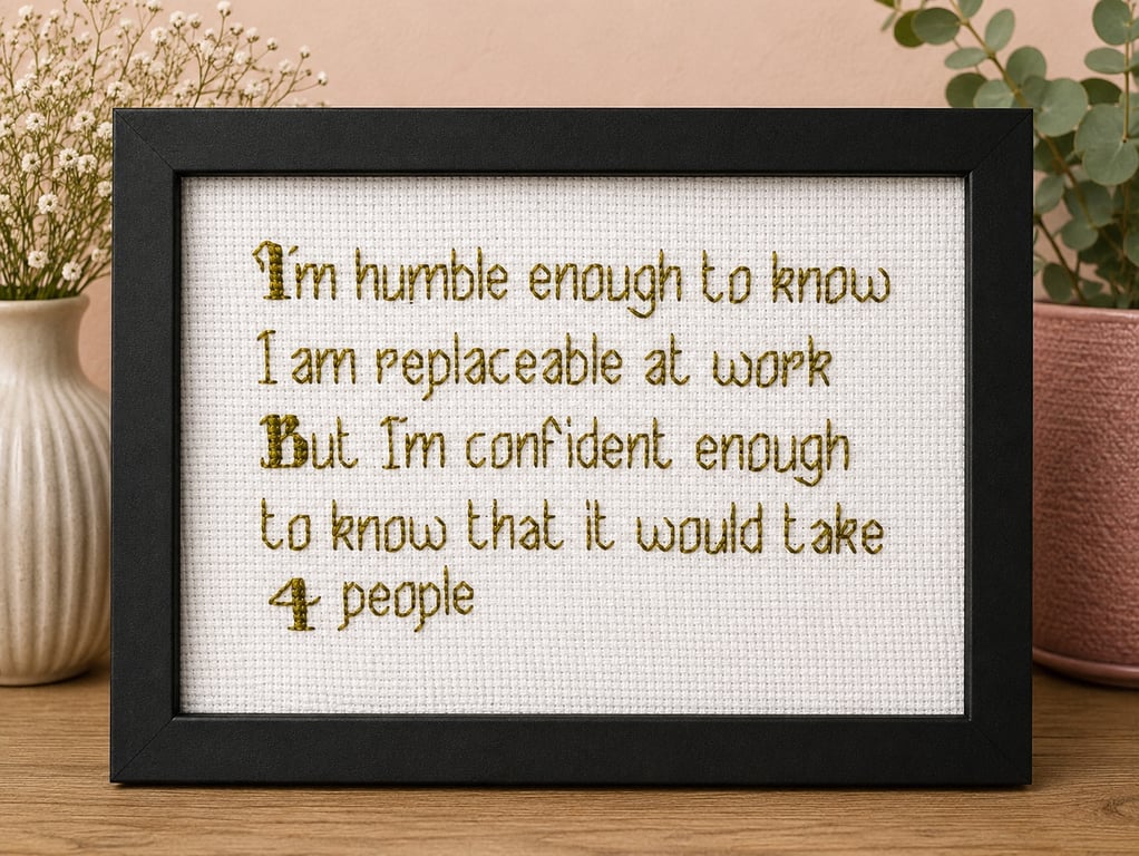 Colleague Gift – Humble Enough to Know I'm Replaceable – Handmade Cross Stitch