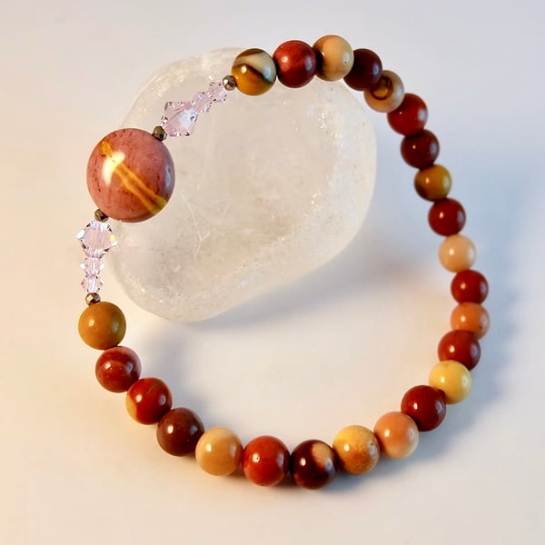 Mookaite Bracelet With Pink Swarovski Crystals - Handmade In Devon