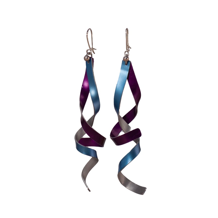Twisted ribbon earrings, claret, blue and silver coloured