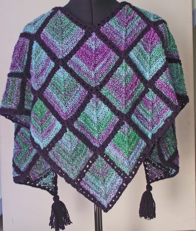 Shawl, Scarf, Wrap, Knitted Handspun, Purple, Blue, Green, Merino Wool, Silk