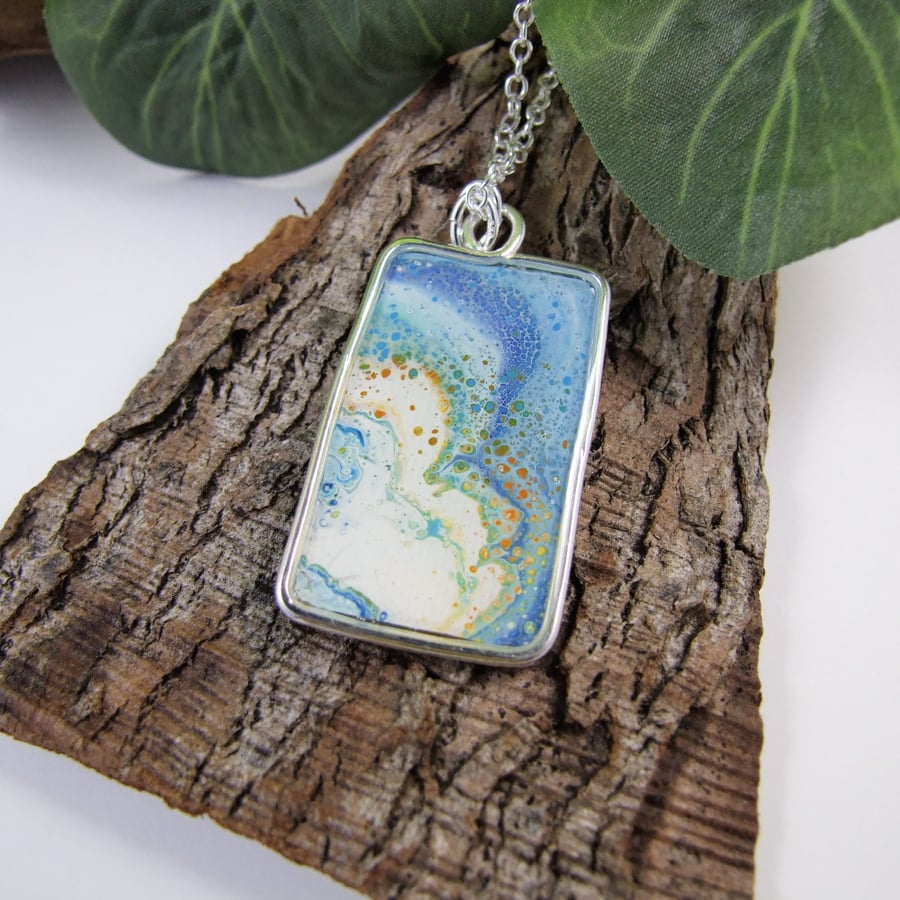 Silver Necklace. Hand Painted Clouds Wearable Art Long Chain Necklace