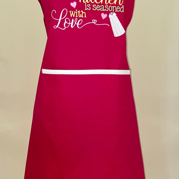 Chef Style Apron In Cerise Embroidered with 'This Kitchen Is Seasoned With Love'