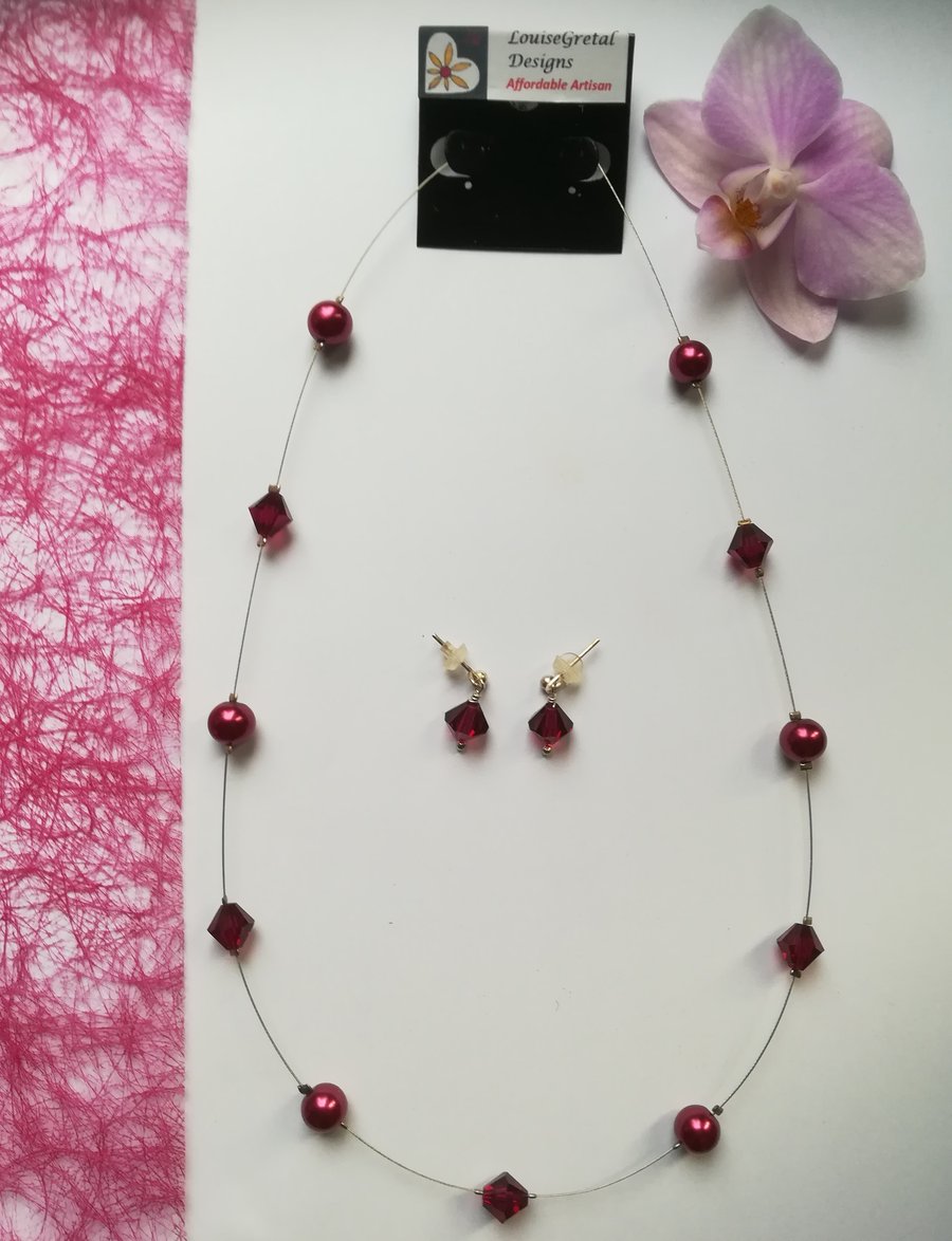 Ruby Swarovski Floating Necklace and Earrings set 