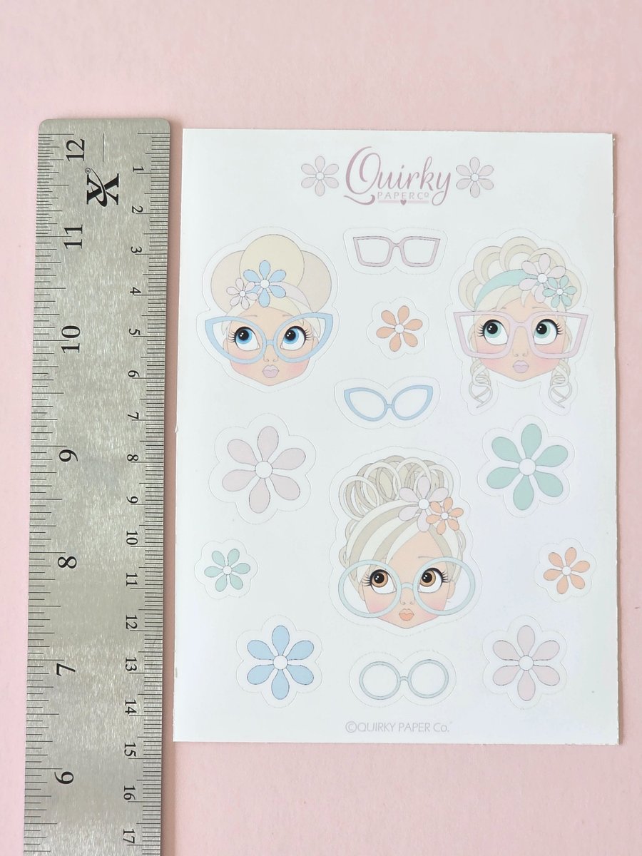 Pastel Girl Sticker Sheet - Cute Glasses & Flower Stickers