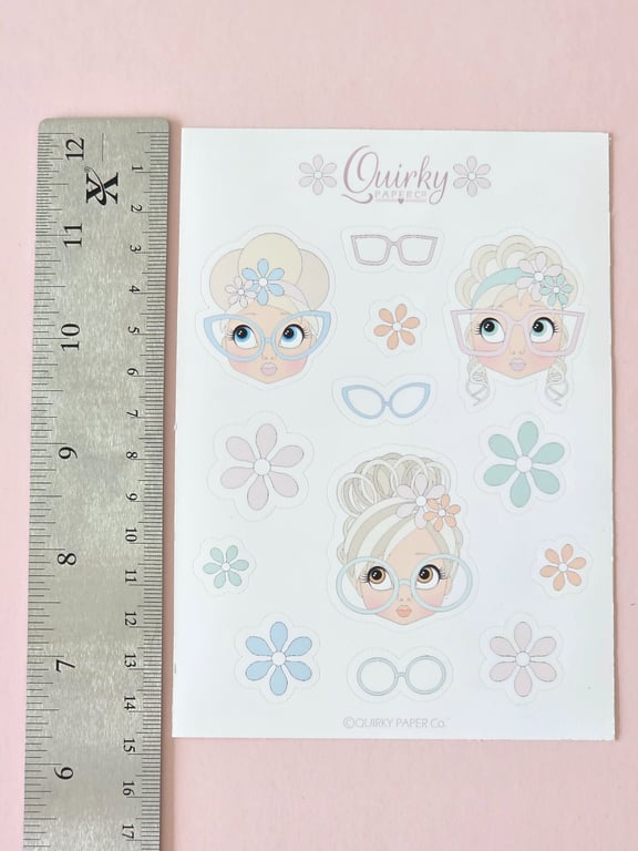 Pastel Girl Sticker Sheet - Cute Glasses & Flower Stickers