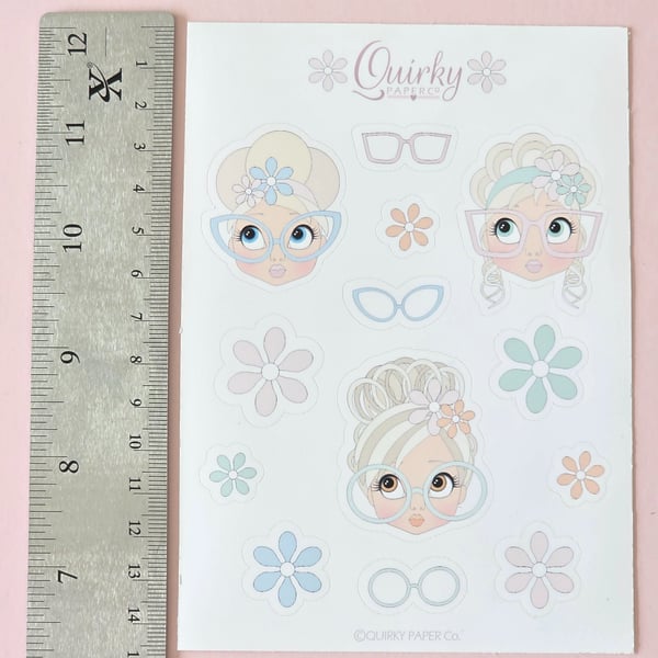 Pastel Girl Sticker Sheet - Cute Glasses & Flower Stickers