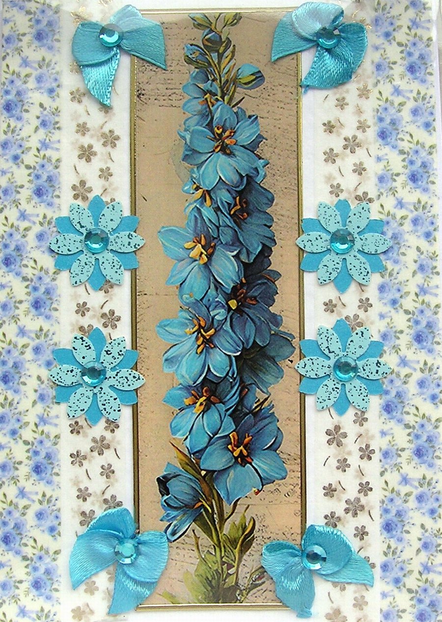 Blue Delphinium Flower - Hand Crafted Decoupage Greeting Card - Blank 3271