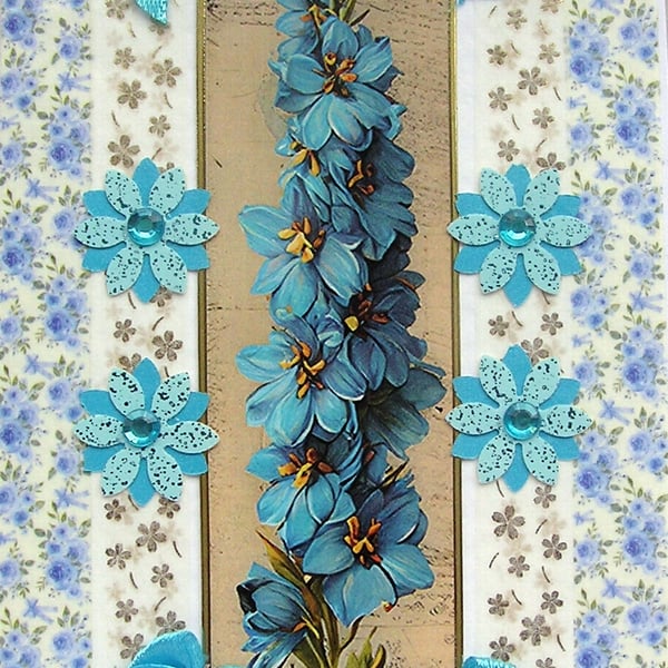 Blue Delphinium Flower - Hand Crafted Decoupage Greeting Card - Blank 3271