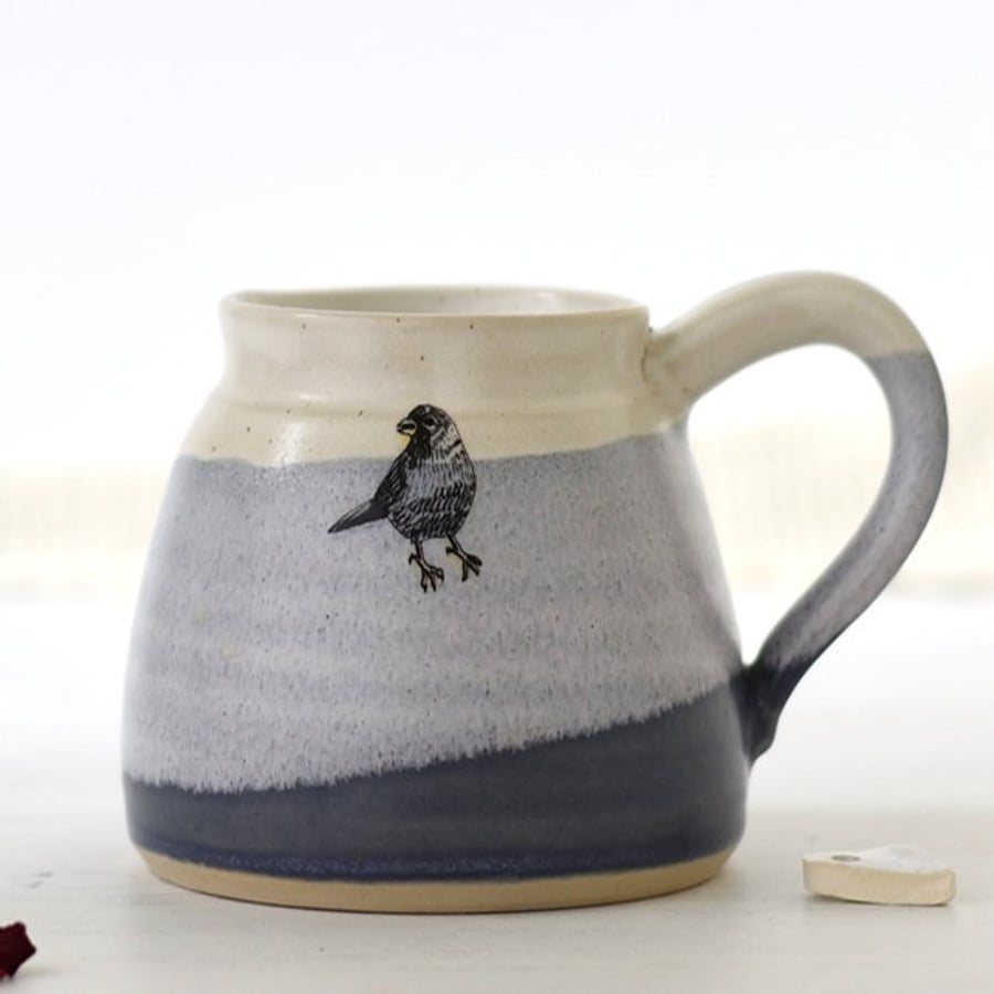 Blue and white ceramic bird mug - handmade stoneware pottery