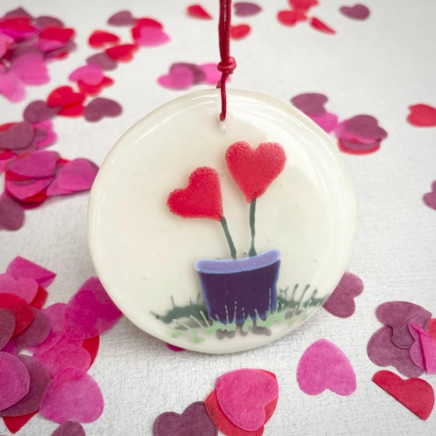 Flower Pot Hearts - hand painted fused glass decoration