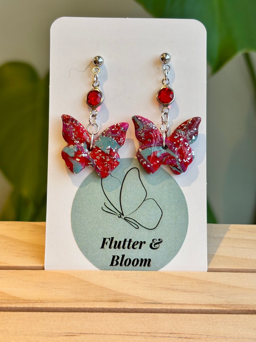 Glitter Butterfly Earrings with Red Gemstone  Handmade Nature-Inspired