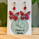 Glitter Butterfly Earrings with Red Gemstone  Handmade Nature-Inspired