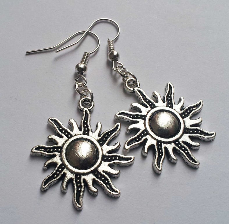 Tribal Sun Charm Boho Celestial Silver Plate Earrings