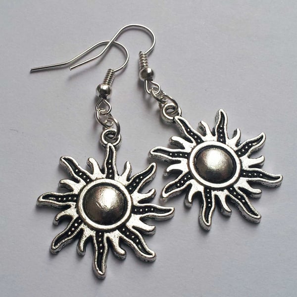 Tribal Sun Charm Boho Celestial Silver Plate Earrings