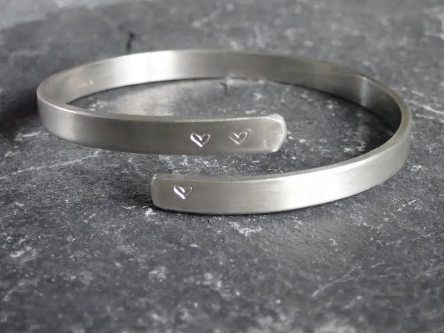Love and Heart Bangle, Secret LOVE Message,  Recycled Sterling Silver, 