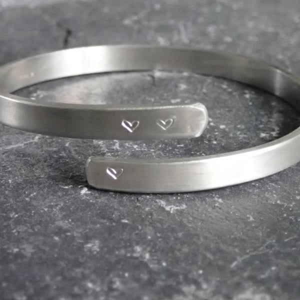 Love and Heart Bangle, Secret LOVE Message,  Recycled Sterling Silver, 
