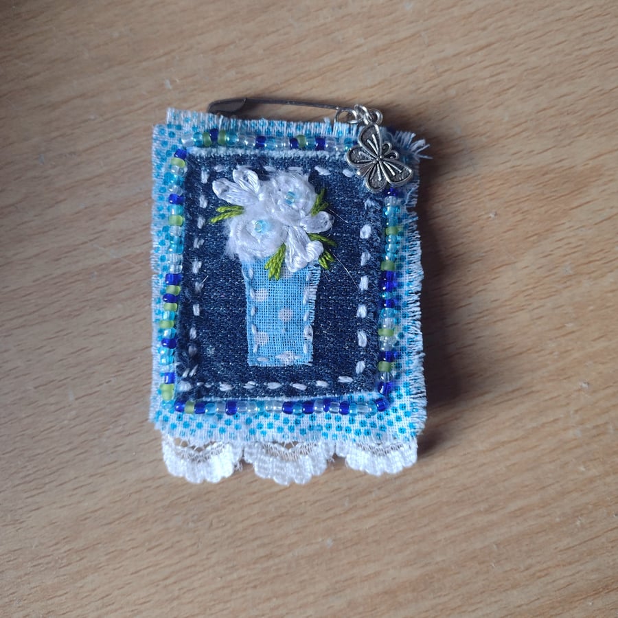  Vase of Flowers Brooch Pin - Fabric Brooch -  Textile Brooch - Denim - Beads