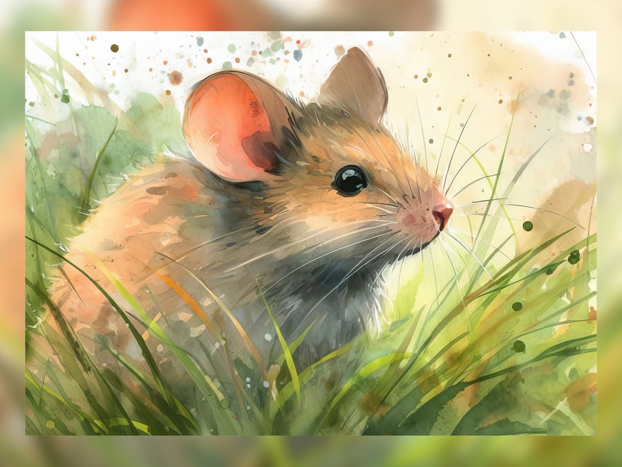 Mouse in Grass Watercolor Print - Charming 5x7 Nature Art Decor