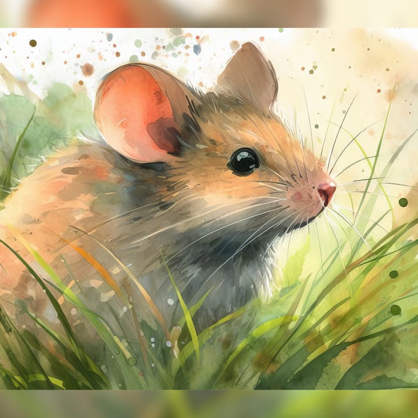 Mouse in Grass Watercolor Print - Charming 5x7 Nature Art Decor