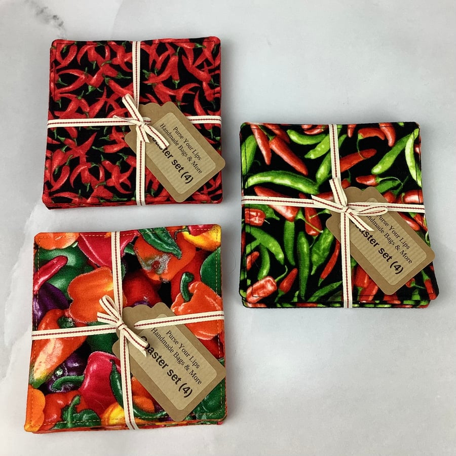 Chillis coasters, Set of 4 fabric coasters, 3 options, Handmade