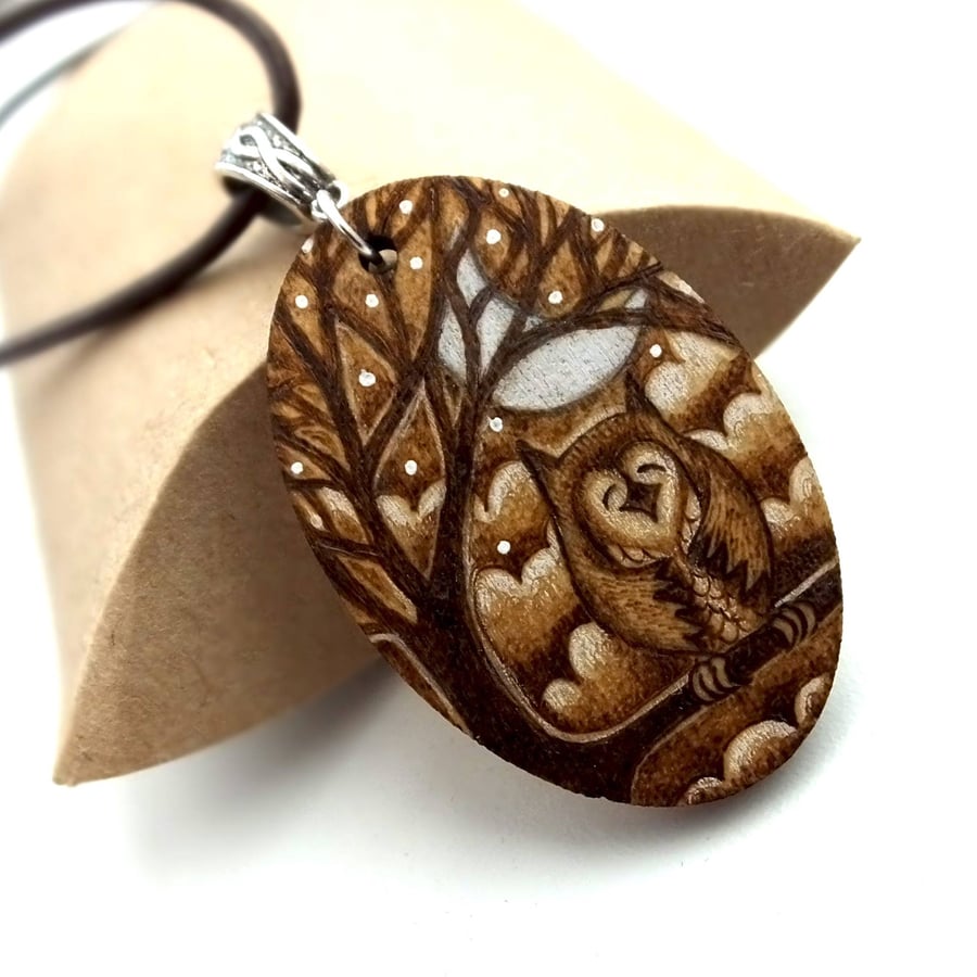 Sleepy Owl Under Stars and Moon Hand Burned Pyrography Pendant Necklace