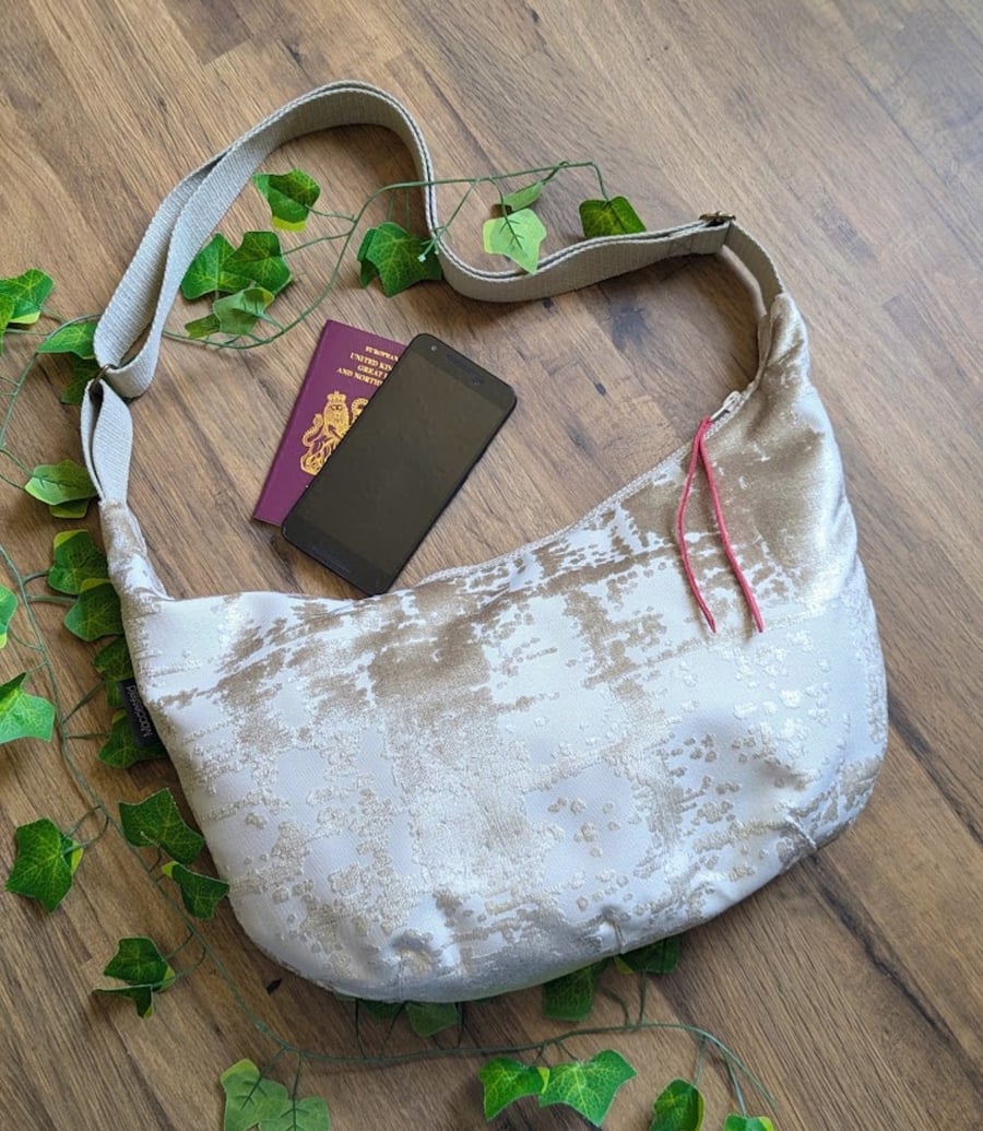 Dumpling Cross Body or Shoulder Bag, Sling Bag, Champagne Gold Chenille. 
