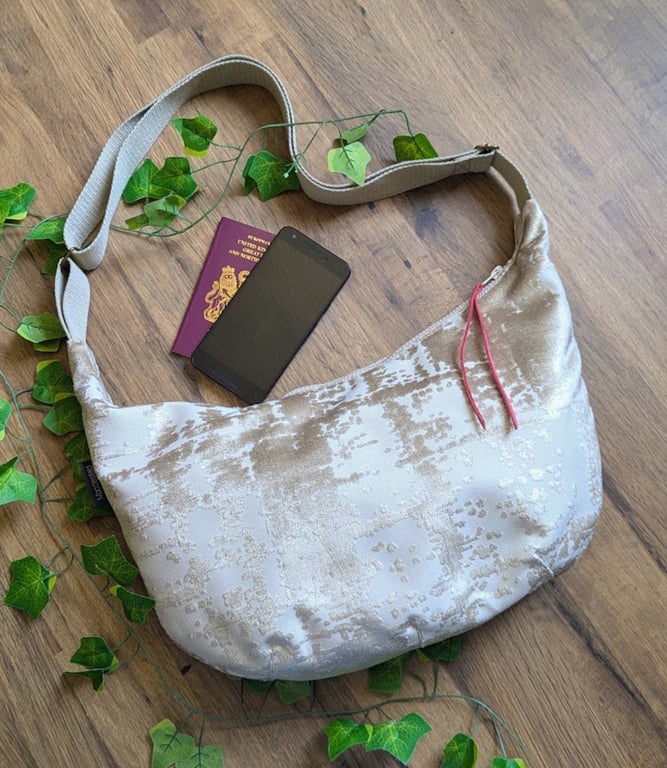Dumpling Cross Body or Shoulder Bag, Sling Bag, Champagne Gold Chenille. 
