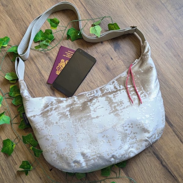 Dumpling Cross Body or Shoulder Bag, Sling Bag, Champagne Gold Chenille. 