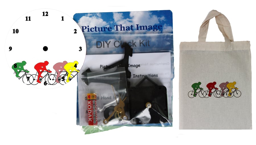 DIY 12cm Clock Kit Gift Set - Cyclists in a Canvas Bag with a similar Motif