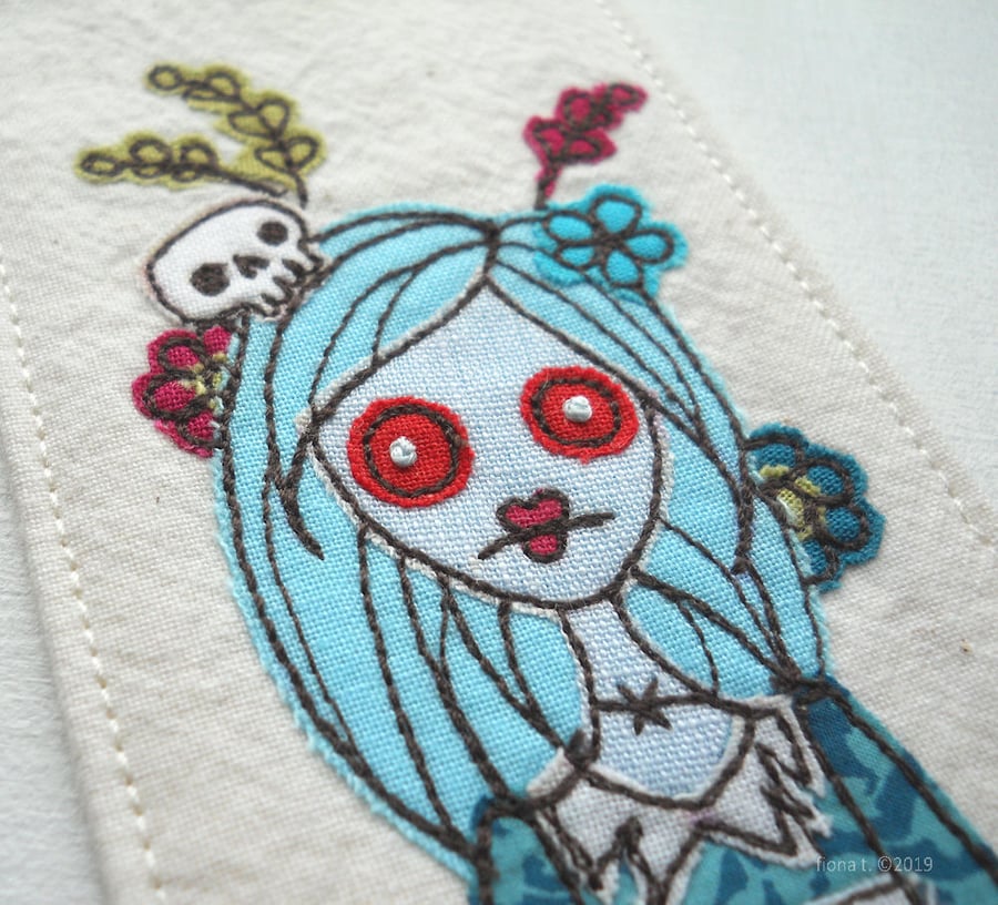 freehand embroidered floral zombie fabric bookmark turquoise