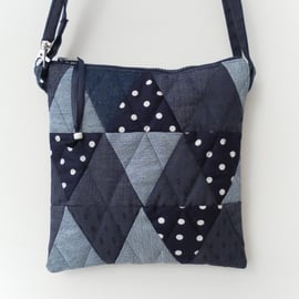 Blue Handbag, Shoulder Bag, Patchwork, Quilted, Recycled Denim