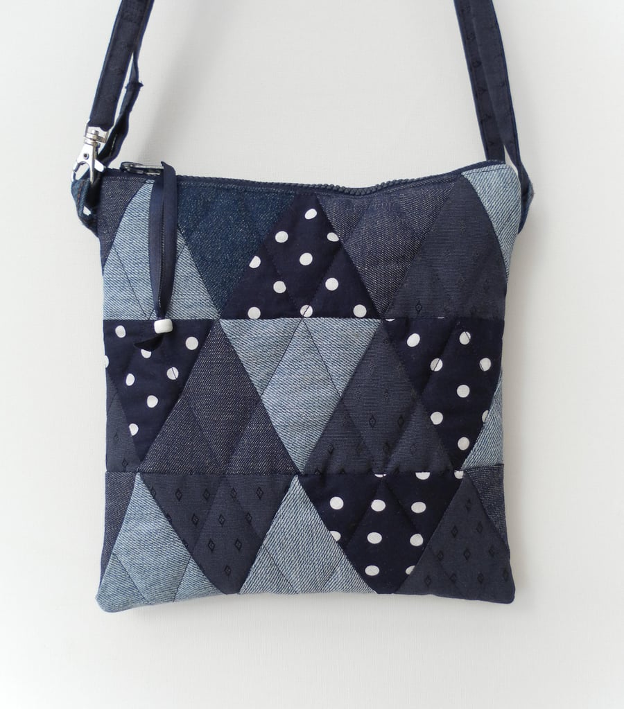 Blue Handbag, Shoulder Bag, Patchwork, Quilted, Recycled Denim