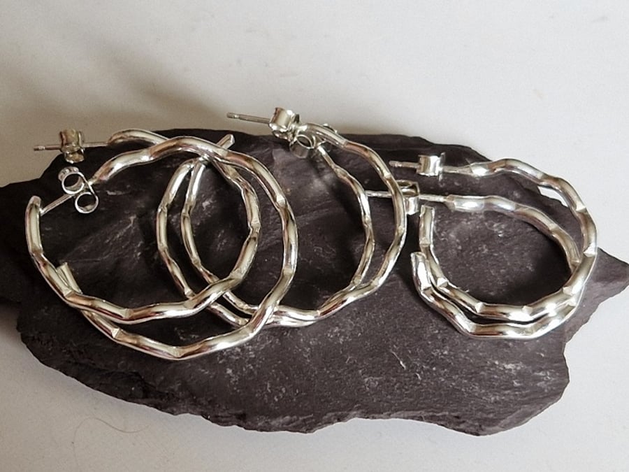 Sterling Silver Wavy Hoop Earrings: handmade, recycled, polished, elegant