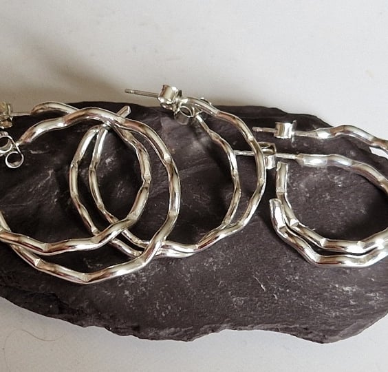 Sterling Silver Wavy Hoop Earrings: handmade, recycled, polished, elegant