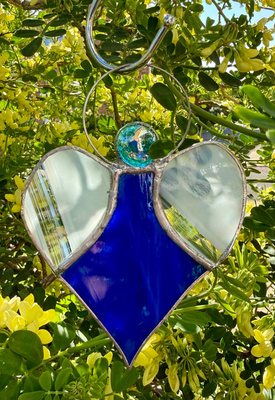 Stained Glass Heart Angel - Royal blue with white wispy wings