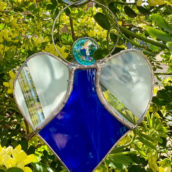 Stained Glass Heart Angel - Royal blue with white wispy wings