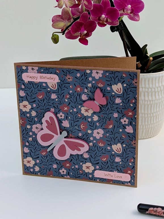 Wooden butterflies Birthday handmade card for her, 3D butterfly embellishments