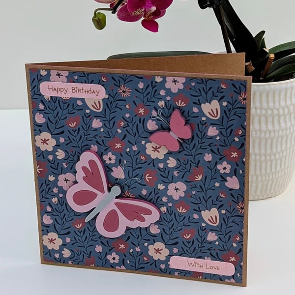 Wooden butterflies Birthday handmade card for her, 3D butterfly embellishments