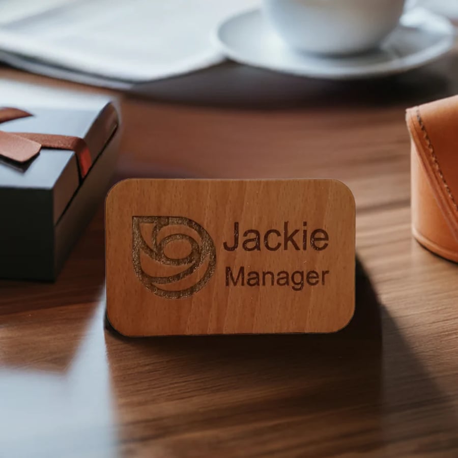  Personalised Staff ID Wood Badges. 50mm x 90mmx 4mm Pin Fastener. (2 Badges)