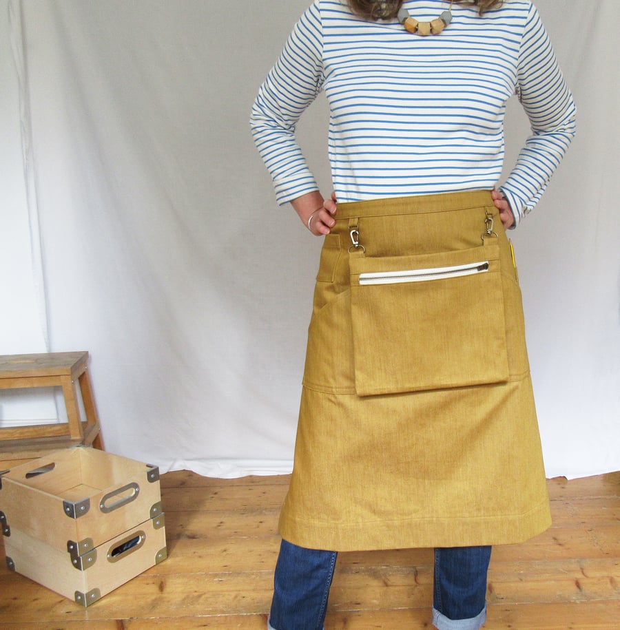 Apron For Makers Markets and Gardeners With Detachable Zip Bag. Ochre Denim No12