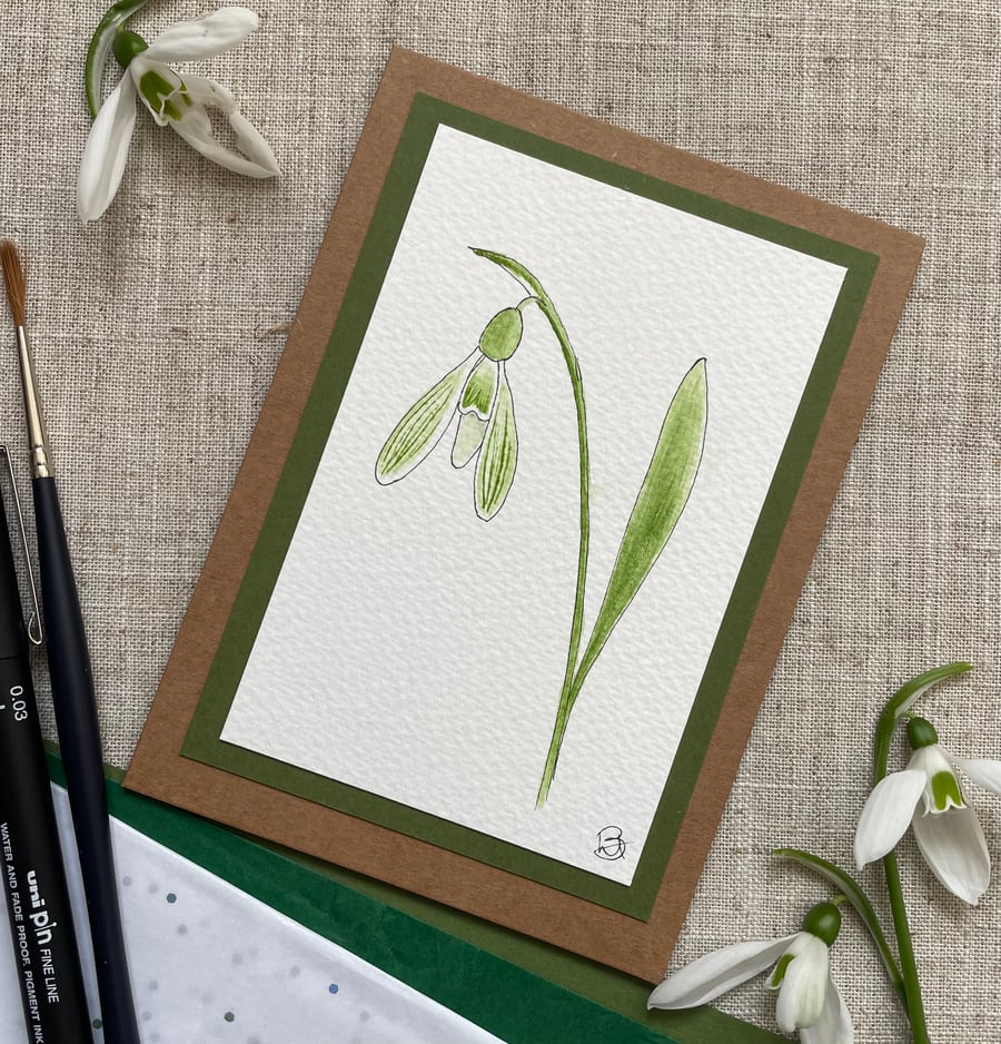 Hand painted Snowdrop, blank greeting card, original artwork. 