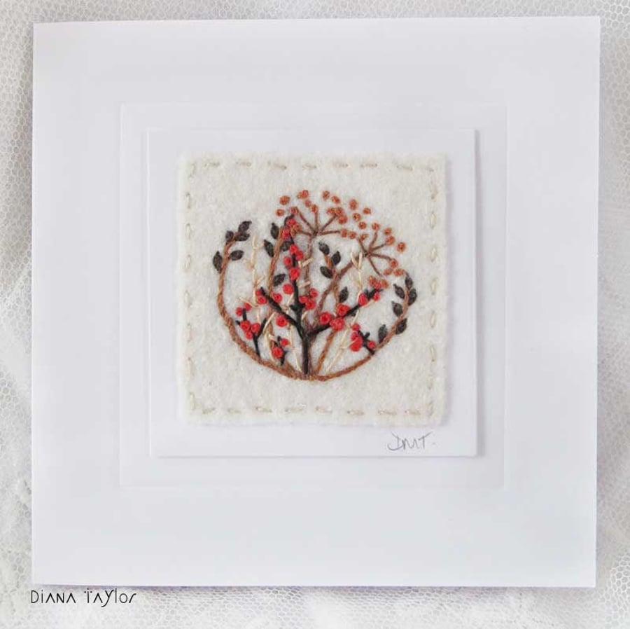 HAND EMBROIDERED GREETINGS CARD AUTUMN WINTER FOLIAGE