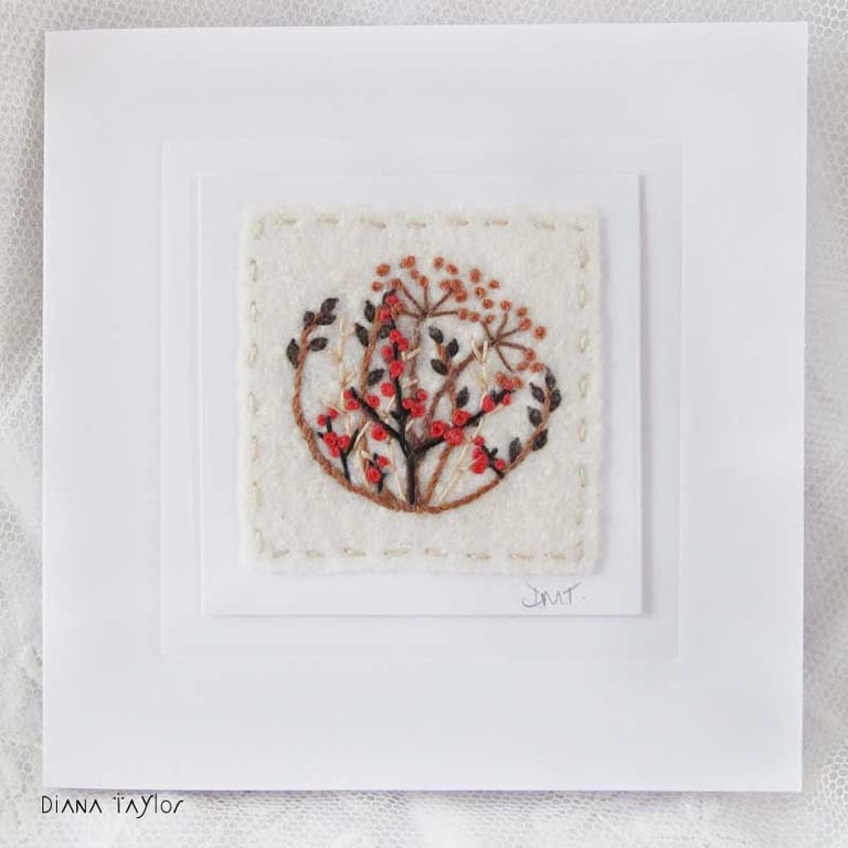 HAND EMBROIDERED GREETINGS CARD AUTUMN WINTER FOLIAGE